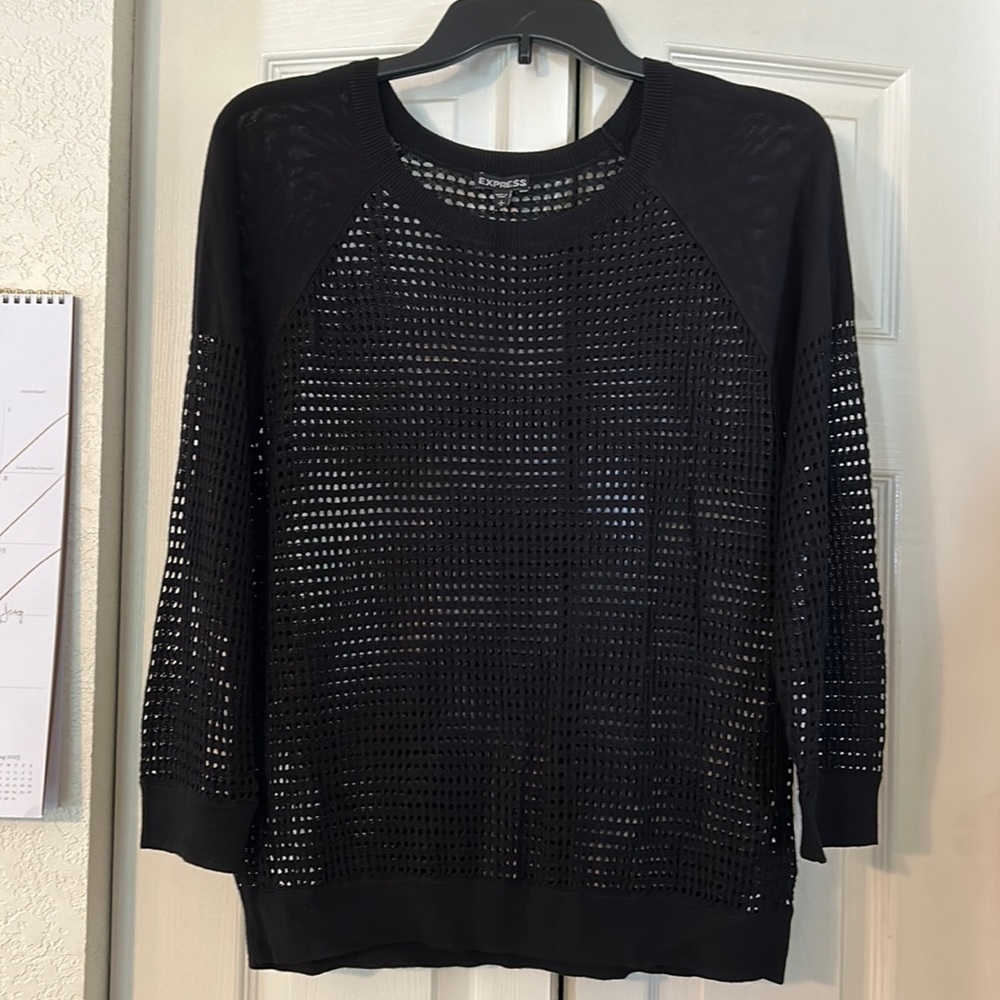 Express Black Mesh Net Knit 3/4 Sleeve Top